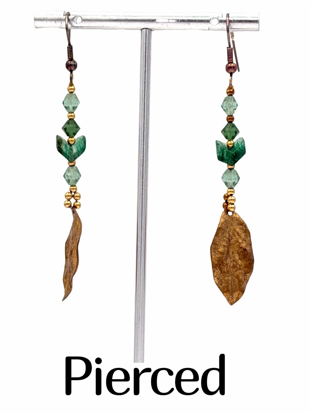 Artesian Czech Glass Green Beads Golden Leaves Arrows Long Pierced Earrings